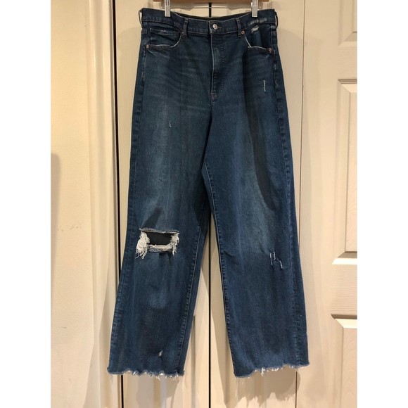 EXPRESS Super High Waisted Ripped Raw Hem 90s Wide Leg Jeans 14 L - Picture 2 of 12